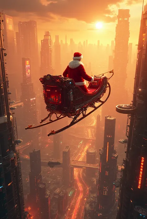 Make a futuristic city with santa claus flying above it with his modern sleigh. Warm colours