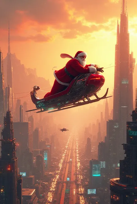 Make a futuristic city with santa claus flying above it with his modern sleigh. Warm colours