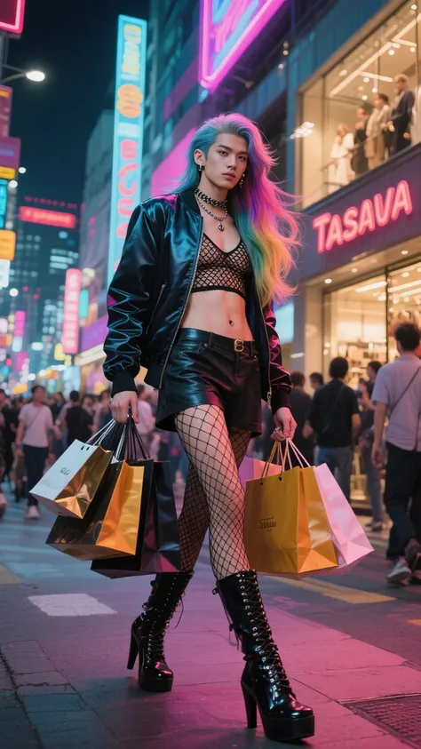 a sassy girly male, trendy outfit, mesh crop top inside and silky jacket outside, mesh stockings, pierced navel, high heel boots...