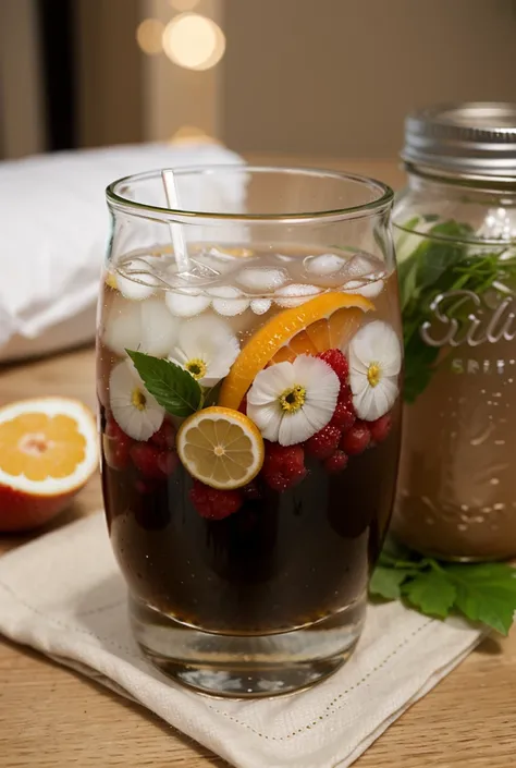 Create a prototype design drawing of sparkling water drink with fruit infusion along with Packaging in a glass cup