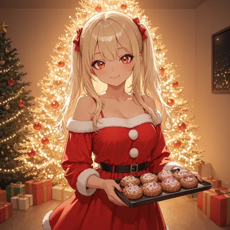 ,anime-style illustration of a cheerful young girl hosting a cozy Christmas party, wearing a festive red dress with white fur tr...