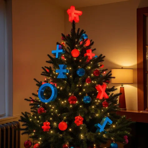The New Year tree is decorated with red pluses and blue minuses toys, Happy New Year!