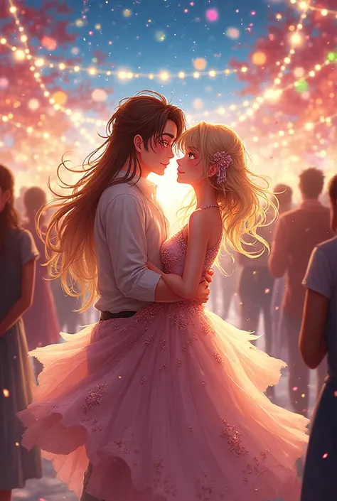 An anime girl wearing a party dress with her husband at a party