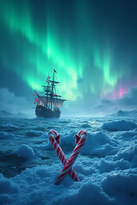 A high-quality horizontal esports gaming banner background. Theme: Winter Pirate Christmas. A dramatic snowy sea with icy waves ...