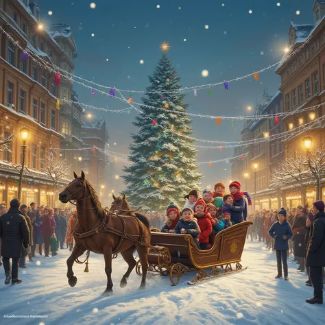 Draw how people celebrate the New Year on the square and a horse in a sleigh rides the children in the snow