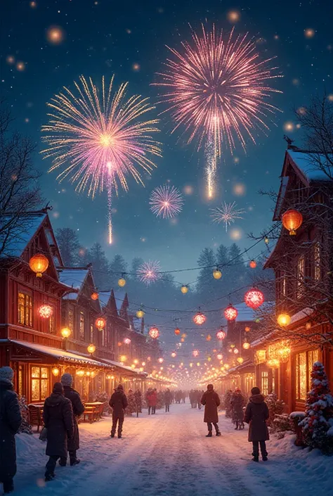 A magical New Year celebration scene at night, with sparkling fireworks lighting up the sky, colorful glowing lanterns floating,...