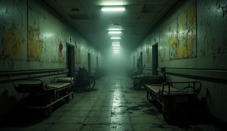 A dimly lit, abandoned hospital corridor with flickering fluorescent lights casting eerie shadows on cracked, peeling walls. Rus...