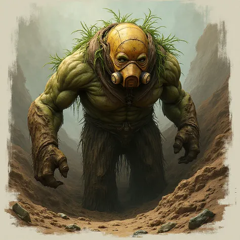 plant root in construction mask that resolutely digs down figure 