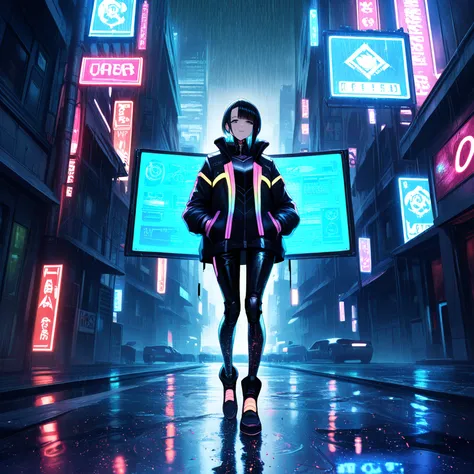 (masterpiece:1.3), best quality, ultra detailed, illustration, Anime style, 1girl, (neon accent:1.3), adult 20+ years, короткая ...