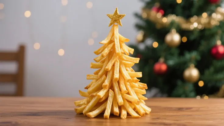 Christmas tree crafted from golden french fries on wooden table with Christmas tree background