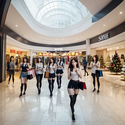 Girl Cyberpunk Shop , anime-girl, anime, artist, artwork, digital-art, cyberpunk, Crowded Christmas Mall, crowded mall, christma...