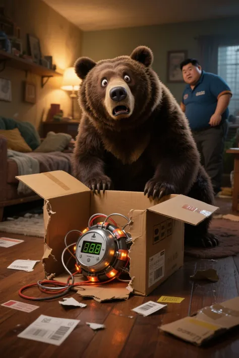 hyper-realistic, cinematic realism,
inside a cozy but slightly cluttered bear’s home,
a large realistic bear kneeling in front o...