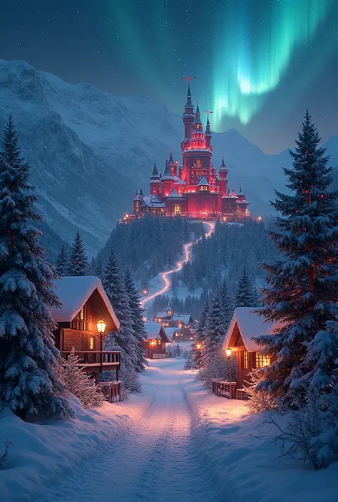 Create a picture depicting a Christmas town from the future, with a path in the middle. The path will lead to a beautiful, red, ...