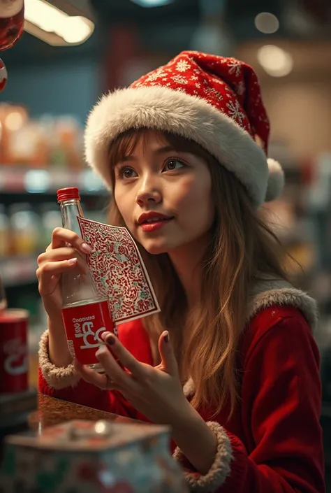 A girl bought a coke with a Christmas hat
And take off the hat and see a QR and scan on Yape
And he earns money