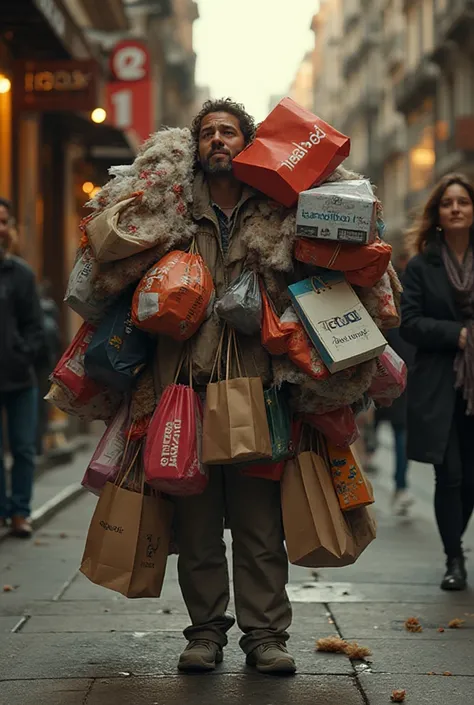 ultra-realistic street scene of a person overwhelmed by shopping bags, standing on a busy city sidewalk; arms loaded with colorf...