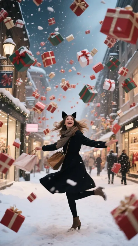 live-action、Realistic、Picture、shopaholic Christmas is a woman with cat ears spinning、A snowy shopping street、A large number of p...