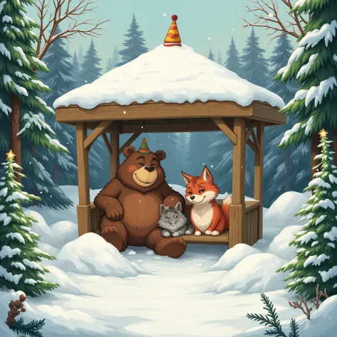 Winter forest covered with snow. In the center is a wooden gazebo, covered with a cap of snow. Inside, on a bench, a bear, a fox...