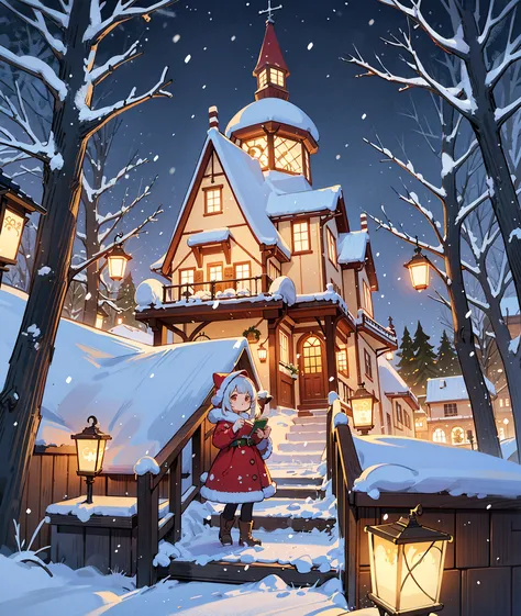 Vertical smartphone wallpaper, beautiful Christmas illustration, snowy European town at night, warm glowing Christmas lights and...