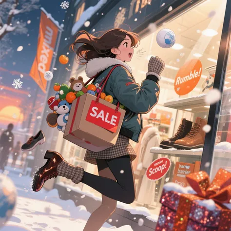 Dynamic manga atmosphere, brilliant color cel-shading style: a woman 20+ summers, shopping addiction, high collared, thick bombe...