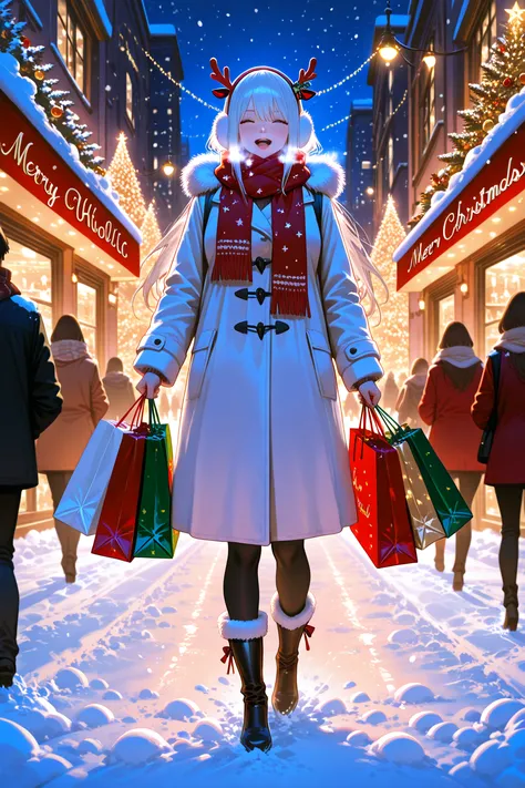 A stunning, realistic female shopaholic rushing through a bustling Christmas city street during the holiday season. Light, delic...