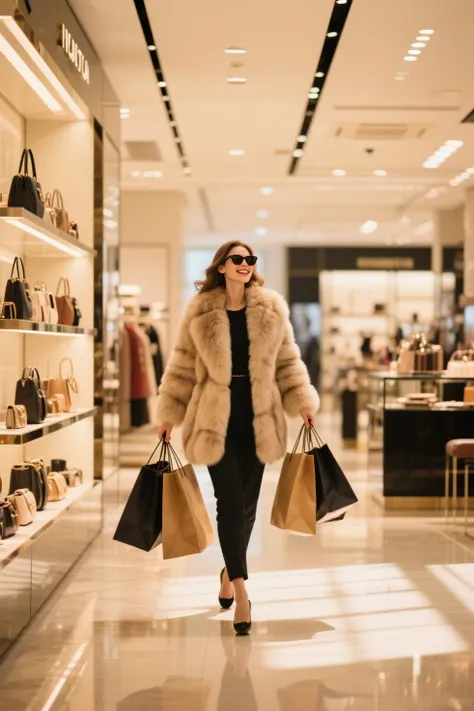 Inside a fancy department store, A woman with multiple shopping bags walking with a smile in sunglasses, wearing a fur coat