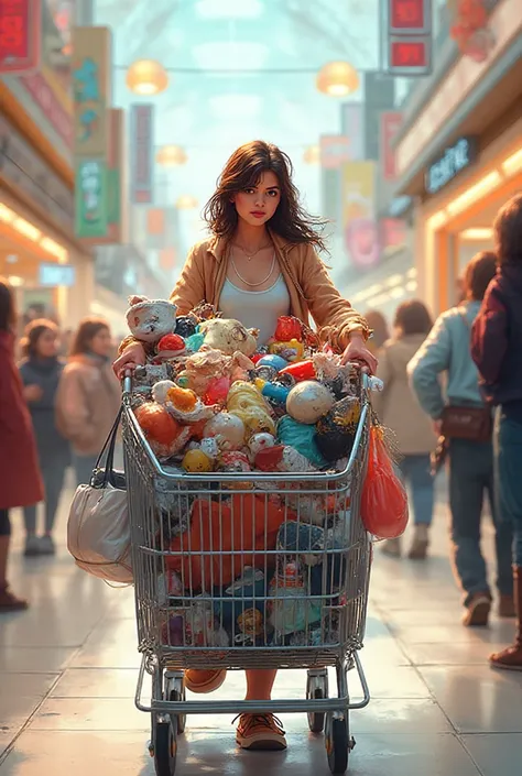Young lady in the middle of a mall with a cart full of things while she keeps filling it up more and more