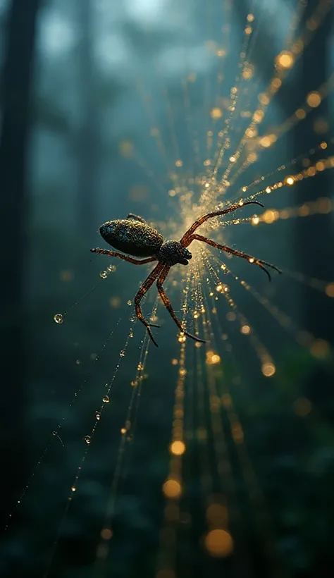 Macro-cinematography with the clarity of a scientific documentary, set at a misty dawn in a dense temperate forest under cool, d...