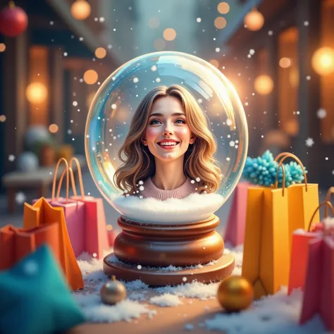 Figure of a happy woman surrounded by a cute snow globe and colorful shopping bags