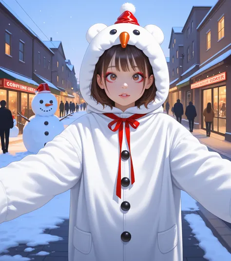 beautiful girl,a proud expression、young and petite,big eyes,Saggy Eyes、short brown hair two-tone、makeup、snowman costume、Small it...