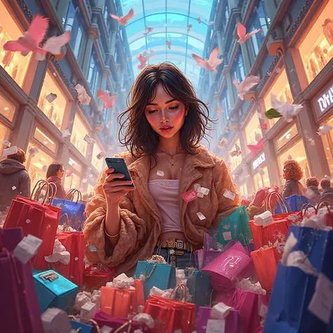 A chaotic yet glamorous shopaholic scene: a young woman surrounded by mountains of colorful shopping bags, receipts flying in th...