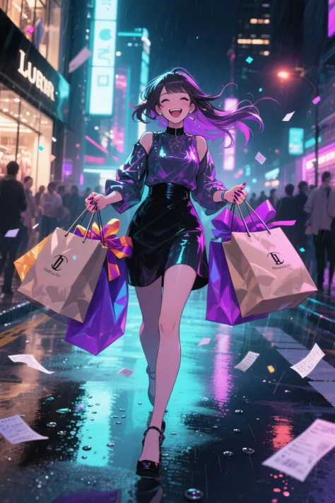 (masterpiece:1.3), best quality, ultra detailed, illustration, anime style, 1girl, adult woman, Shopaholic Theme, Big Smile, Wal...