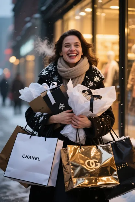 photorealistic fashion photography, 35mm f/1.8 Canon EOS R5, close-up portrait of stylish 30yo woman shopaholic, ecstatic smile ...