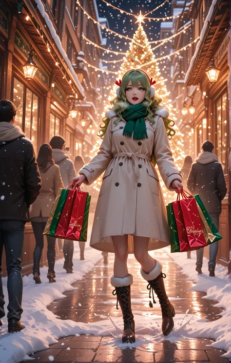 A stunning, realistic female shopaholic rushing through a bustling Christmas city street during the holiday season. Light, delic...
