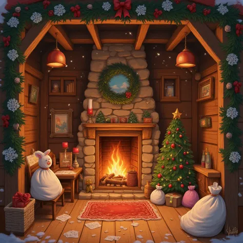 A cozy wooden tower, decorated with garlands and snowflakes.

Inside there is a fireplace with a fire, a table with letters from...