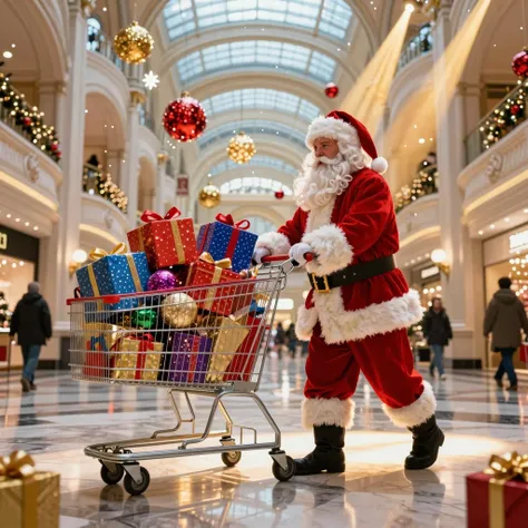 An ultra-cinematic, hyper-realistic scene of Santa Claus in a grand luxurious shopping mall, pushing an enormous shopping cart o...