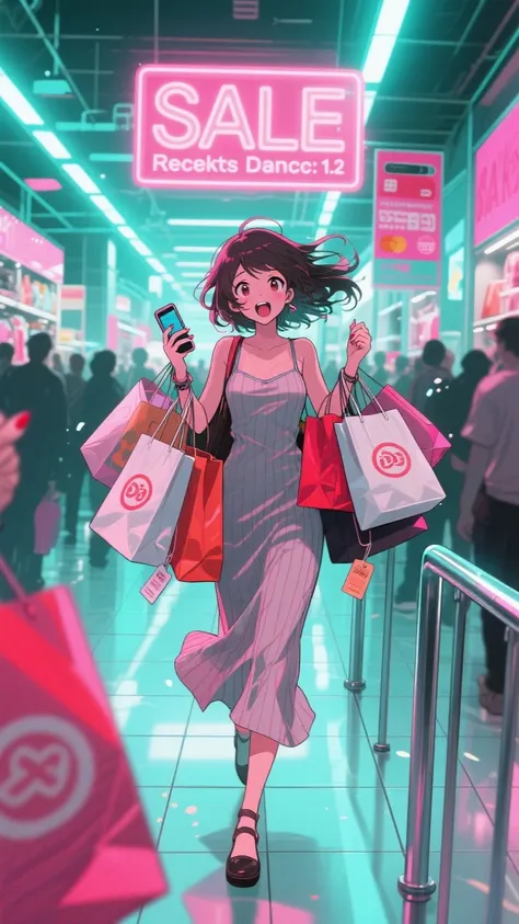 masterpiece, best quality, ultra detailed, illustration, 1girl, anime style, ( Shopaholic :1.2), dress、I carry a lot of shopping...