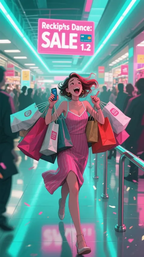 karya agung, kualitas terbaik, sangat detail, ilustrasi, 1gadis,(shopaholic :1.2),  gaun 、I carry a lot of shopping bags in both...