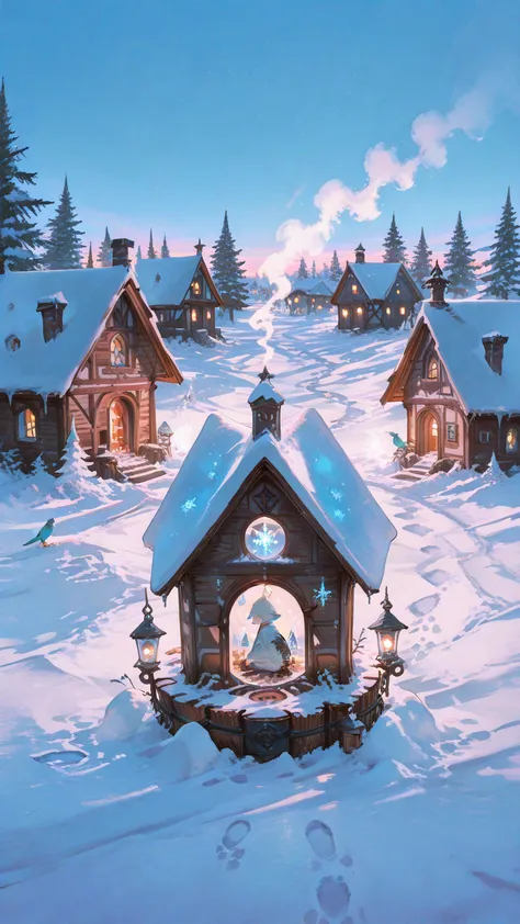 masterpiece, best quality, ultra detailed, illustration, Snow Globes, miniature snow-covered village, snow piled up on pine tree...