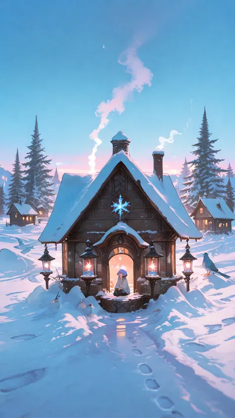 masterpiece, best quality, ultra detailed, illustration, Snow Globes, miniature snow-covered village, snow piled up on pine tree...