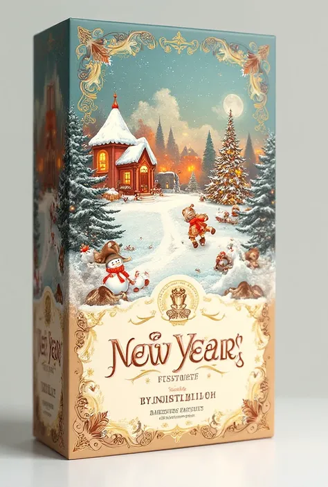 Chocolate box where the front part is 80% - a retro cute New Year's style picture (like old postcards) and 20% below is the name...