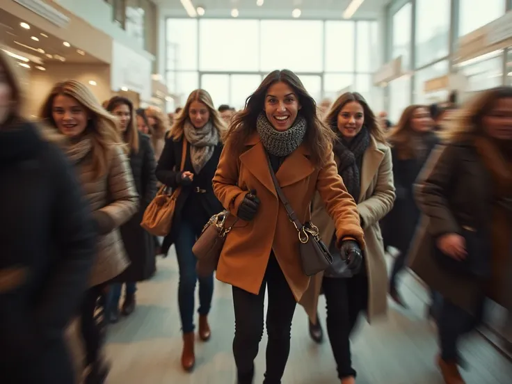 A dynamic and energetic scene, in which a group of women during a big sale A store is vigorously storming. They are fashionably ...