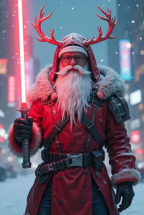 A badass digital CGI pic shows a futuristic Santa Claus rocking glowing antlers and cyberpunk gear, holding a badass red lightsa...