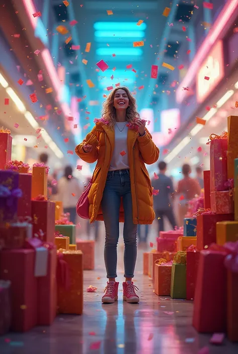 A dynamic, hyper-detailed scene of a lively shopaholic surrounded by towers of shopping bags, glossy gift boxes, and colorful re...