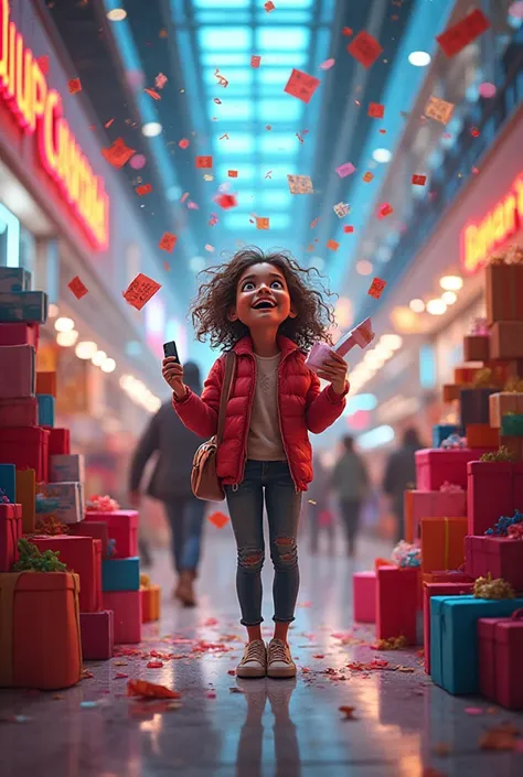 A dynamic, hyper-detailed scene of a lively shopaholic surrounded by towers of shopping bags, glossy gift boxes, and colorful re...