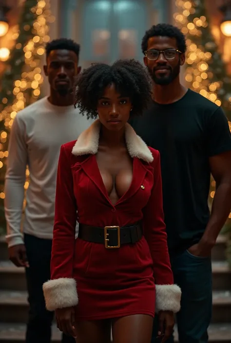 a young dainty cute dark-skinned young lady center, wearing a tasteful sultry Santa outfit (short red velvet jacket with white f...