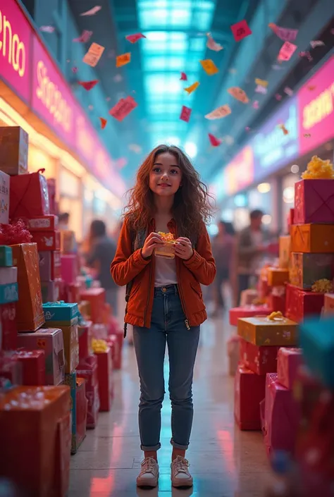 A dynamic, hyper-detailed scene of a lively shopaholic surrounded by towers of shopping bags, glossy gift boxes, and colorful re...