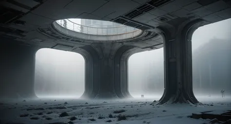 Ultra realistic cinematic sci-fi environment. Massive futuristic architecture fading into thick fog, soft atmospheric lighting, ...