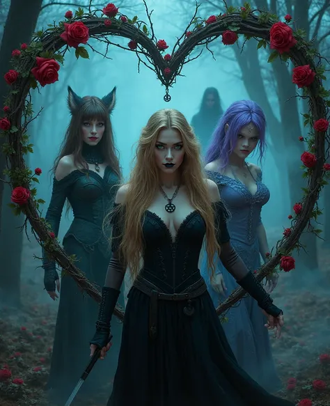 The picture shows three women in a mystical, dunklen Waldkulisse. Vordergrund: A resolute looking woman with long blond hair and...