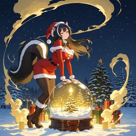 1girl, solo, 
(christmas), tree, gift, santa costume, santa hats, boots, cat ears, skunk tail, big tail, curvy, 
half-closed eye...