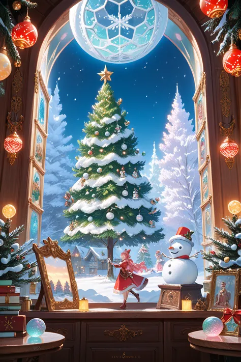 score_9, score_8_up, source_anime, masterpiece, illustration, Snow Globes, Snowman and Christmas Tree, Colorful Lights Inside th...